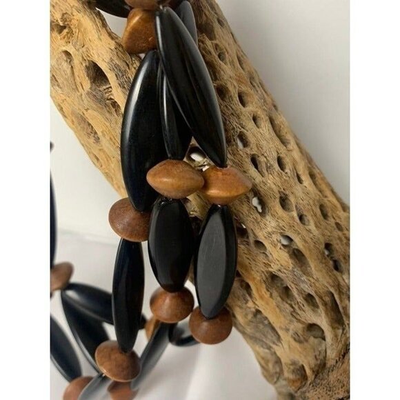 Vintage Modernist 3 Strand Wood & Lucite Choker with Sterling Silver Slide Clasp - Picture 2 of 5